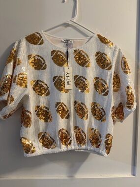 WHY White Sequin Crop Top with Gold Football Motif